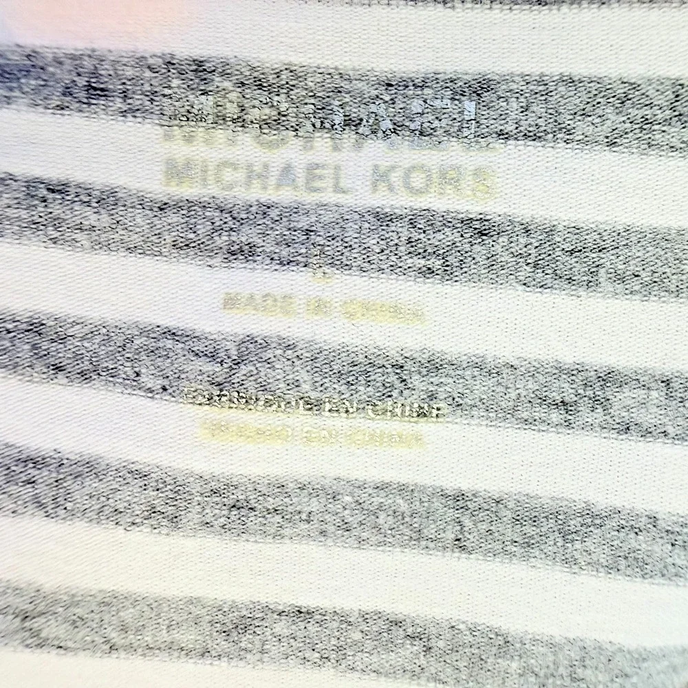 Michael Kors Top Blouse Womens L Gray White Stripe 1/2 Zip V-Neck  3/4 Sleeve